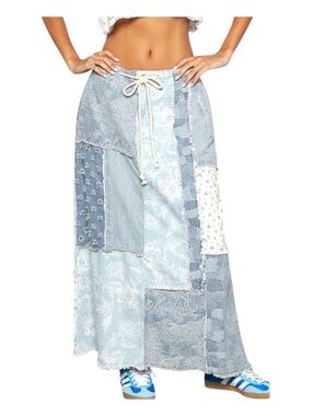 POL Patchwork Laser Cut Maxi Skirt in Denim Blues & White, Size M.